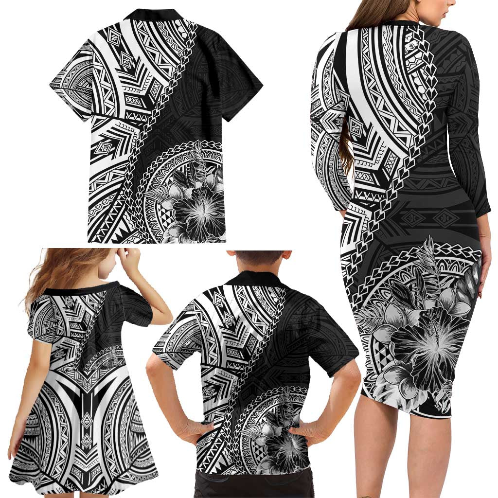 Hibiscus With Black Austronesian Tattoo Pattern Family Matching Long Sleeve Bodycon Dress and Hawaiian Shirt LT05 - Polynesian Pride