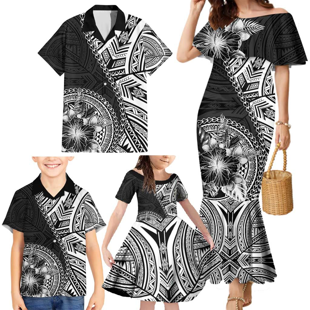 Hibiscus With Black Austronesian Tattoo Pattern Family Matching Mermaid Dress and Hawaiian Shirt LT05 - Polynesian Pride