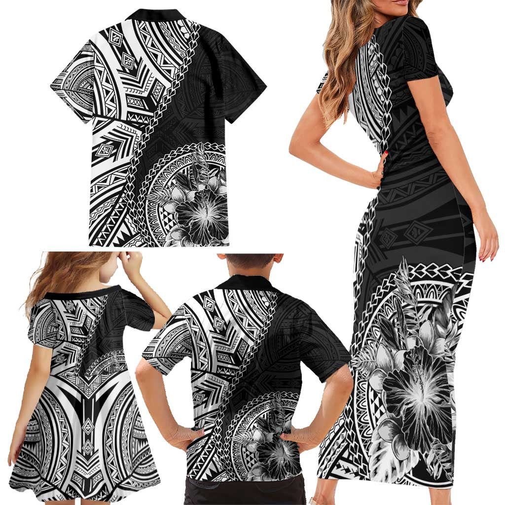 Hibiscus With Black Austronesian Tattoo Pattern Family Matching Short Sleeve Bodycon Dress and Hawaiian Shirt LT05 - Polynesian Pride