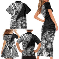 Hibiscus With Black Austronesian Tattoo Pattern Family Matching Short Sleeve Bodycon Dress and Hawaiian Shirt LT05 - Polynesian Pride