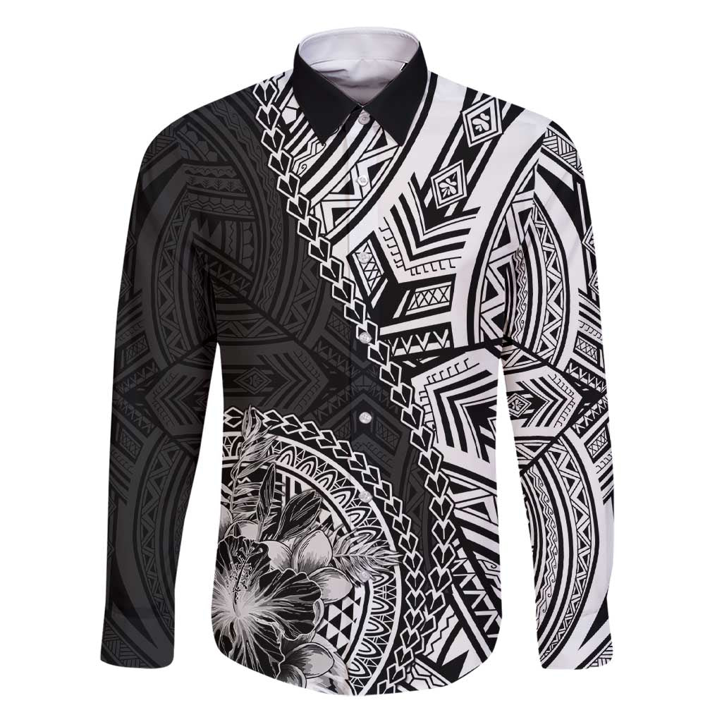 Hibiscus With Black Austronesian Tattoo Pattern Family Matching Short Sleeve Bodycon Dress and Hawaiian Shirt LT05 Dad's Shirt - Long Sleeve Black - Polynesian Pride