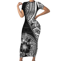 Hibiscus With Black Austronesian Tattoo Pattern Family Matching Short Sleeve Bodycon Dress and Hawaiian Shirt LT05 Mom's Dress Black - Polynesian Pride
