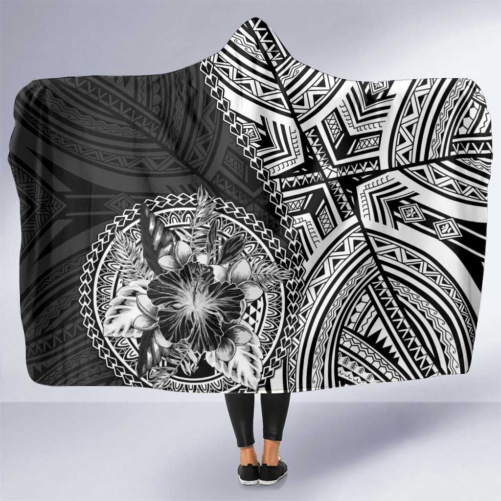 Hibiscus With Black Austronesian Tattoo Pattern Hooded Blanket LT05 One Size Black - Polynesian Pride