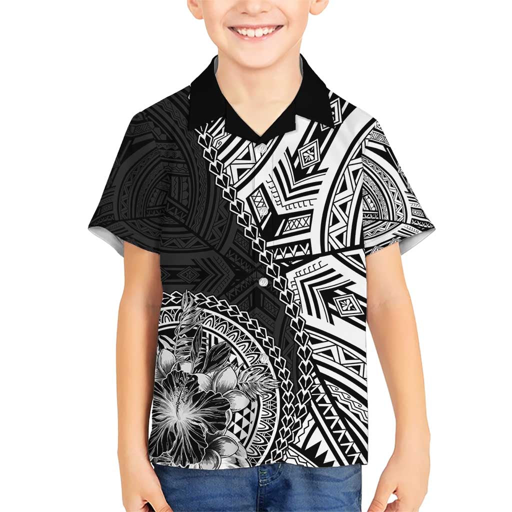 Hibiscus With Black Austronesian Tattoo Pattern Kid Hawaiian Shirt LT05 Kid Black - Polynesian Pride