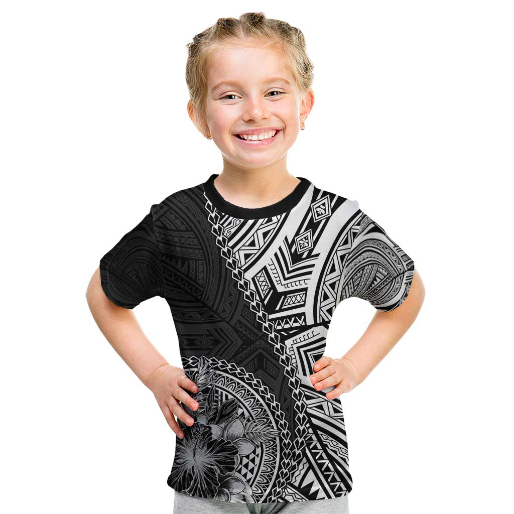 Hibiscus With Black Austronesian Tattoo Pattern Kid T Shirt LT05 Black - Polynesian Pride