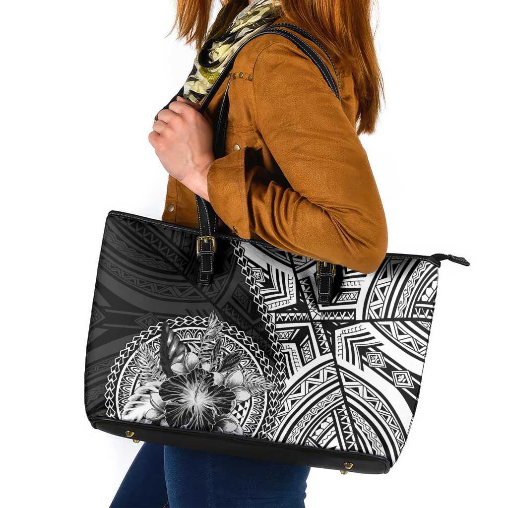 Hibiscus With Black Austronesian Tattoo Pattern Leather Tote Bag LT05 Black - Polynesian Pride