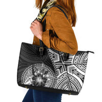 Hibiscus With Black Austronesian Tattoo Pattern Leather Tote Bag LT05 Black - Polynesian Pride