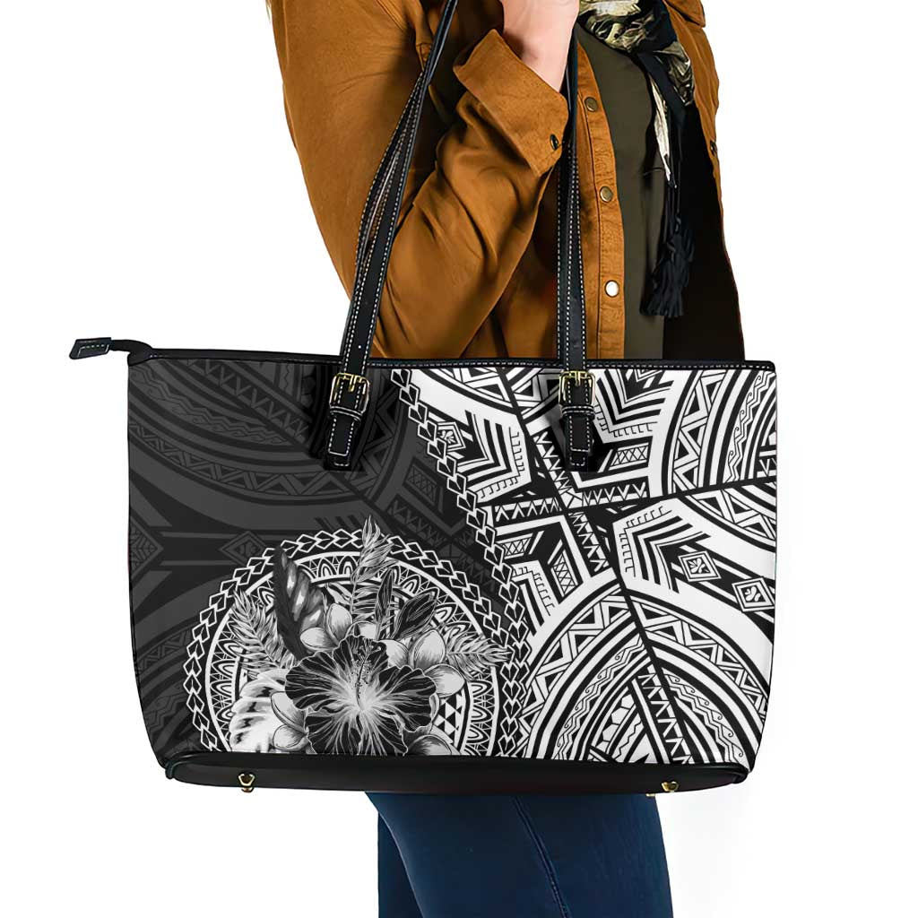 Hibiscus With Black Austronesian Tattoo Pattern Leather Tote Bag LT05 - Polynesian Pride