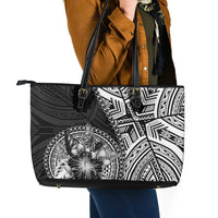 Hibiscus With Black Austronesian Tattoo Pattern Leather Tote Bag LT05 - Polynesian Pride