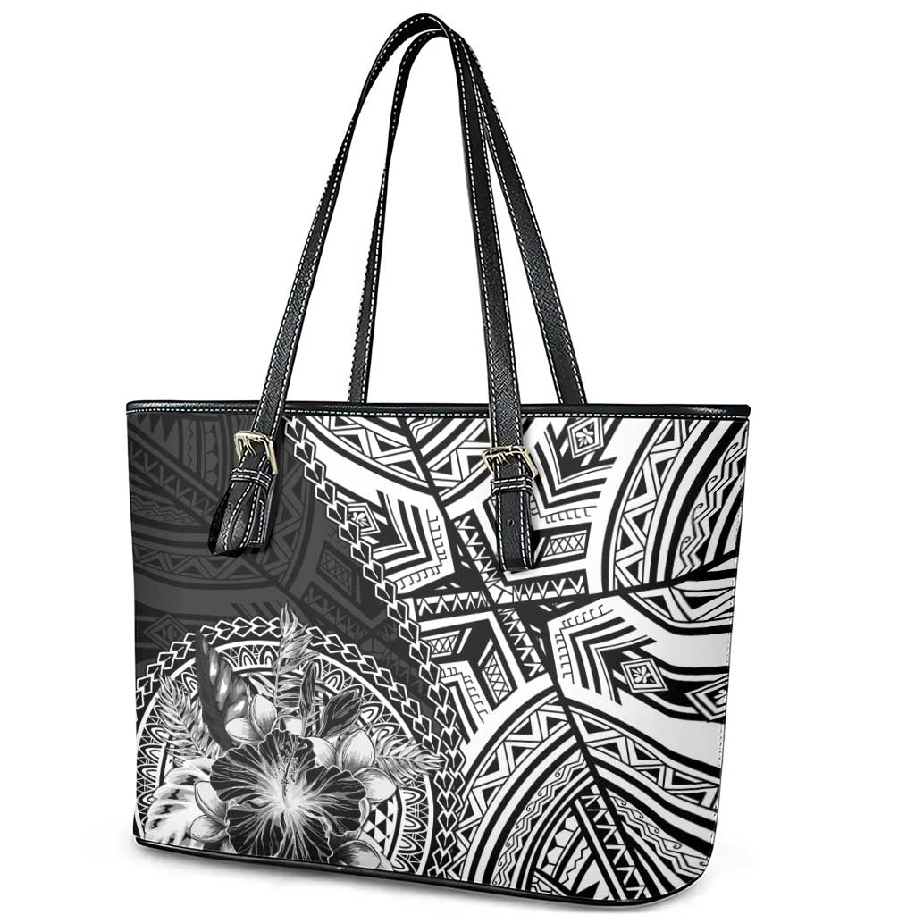 Hibiscus With Black Austronesian Tattoo Pattern Leather Tote Bag LT05 - Polynesian Pride