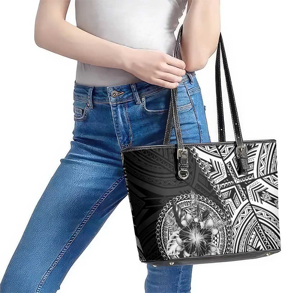 Hibiscus With Black Austronesian Tattoo Pattern Leather Tote Bag LT05 - Polynesian Pride