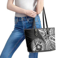 Hibiscus With Black Austronesian Tattoo Pattern Leather Tote Bag LT05 - Polynesian Pride