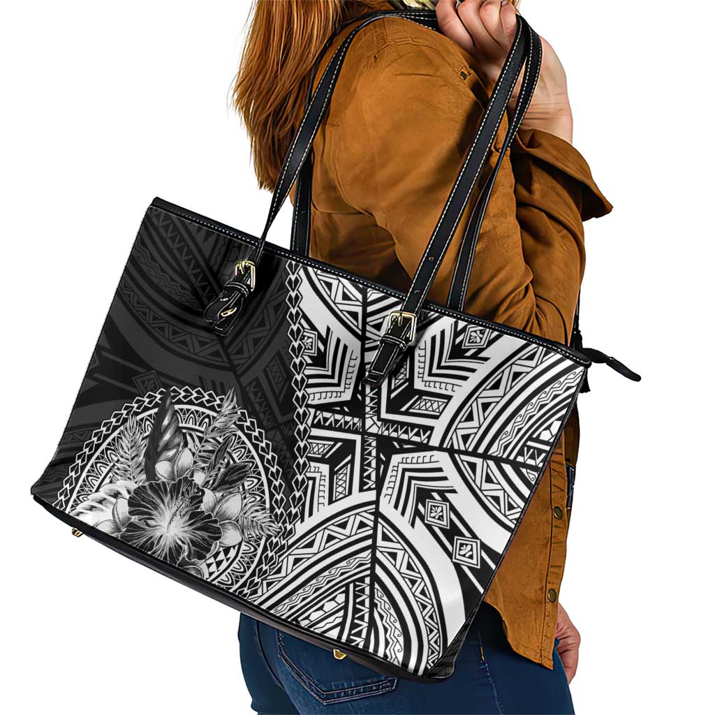 Hibiscus With Black Austronesian Tattoo Pattern Leather Tote Bag LT05 - Polynesian Pride