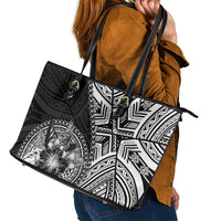Hibiscus With Black Austronesian Tattoo Pattern Leather Tote Bag LT05 - Polynesian Pride