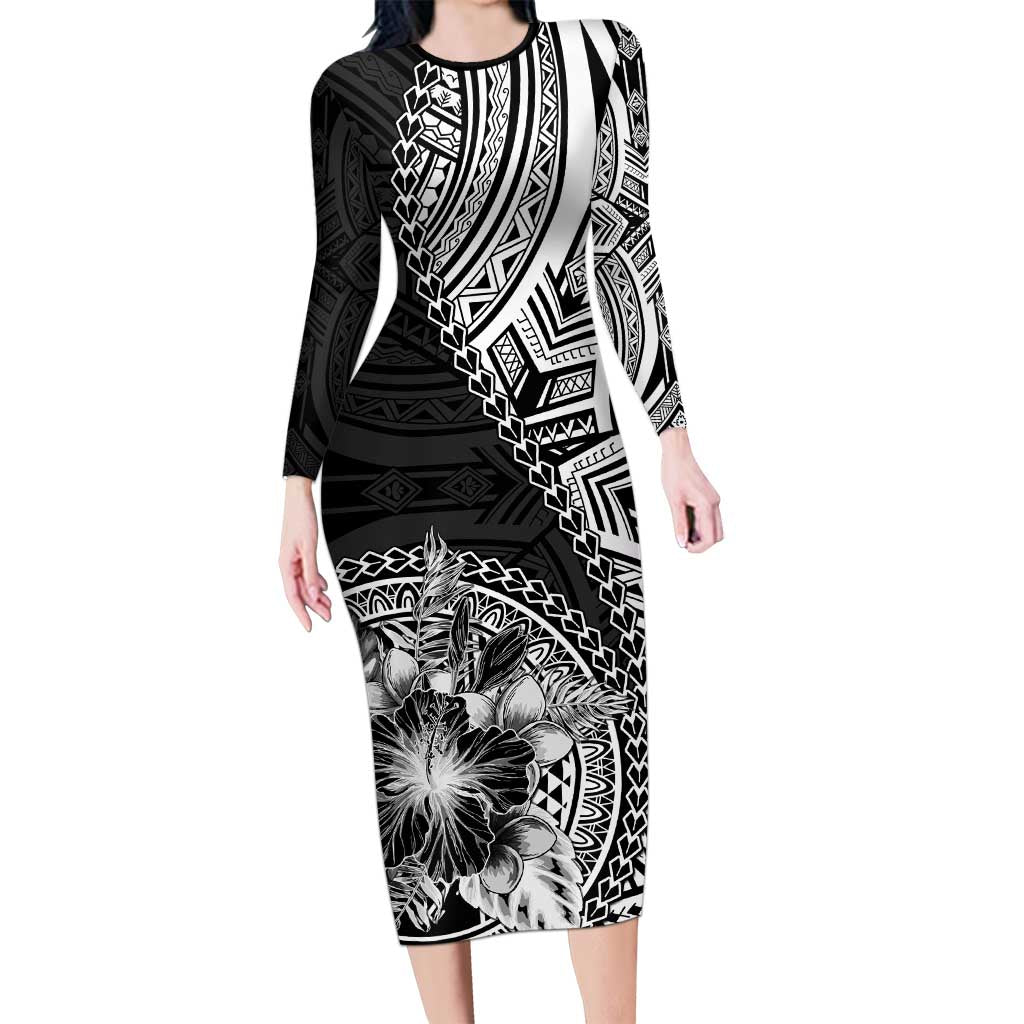 Hibiscus With Black Austronesian Tattoo Pattern Long Sleeve Bodycon Dress - Polynesian Pride