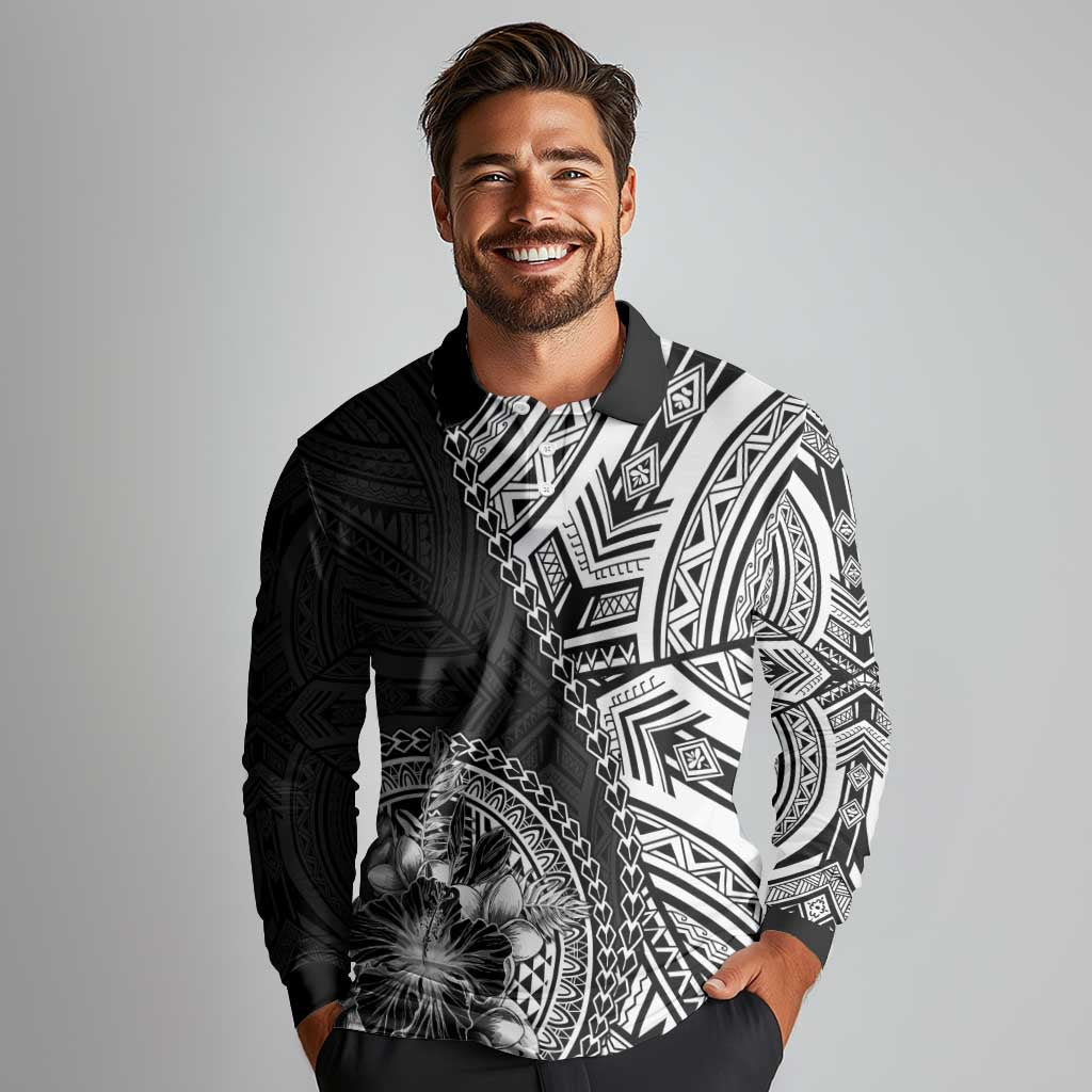 Hibiscus With Black Austronesian Tattoo Pattern Long Sleeve Polo Shirt LT05 - Polynesian Pride