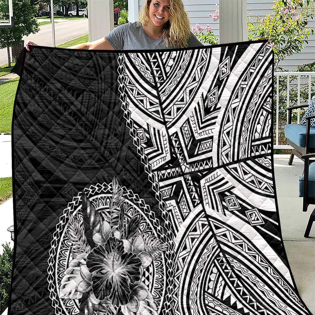 Hibiscus With Black Austronesian Tattoo Pattern Quilt LT05 Black - Polynesian Pride