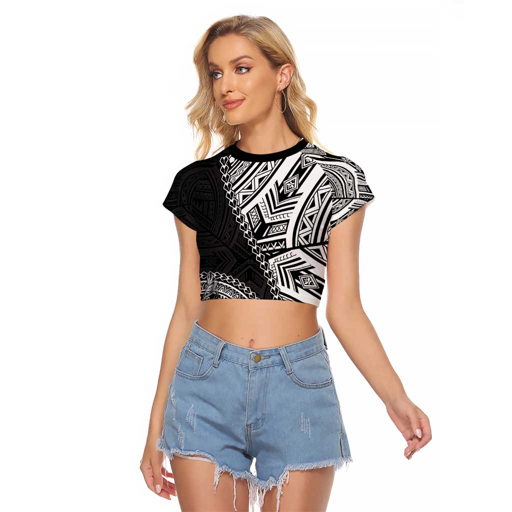 Hibiscus With Black Austronesian Tattoo Pattern Raglan Cropped T Shirt LT05 Female Black - Polynesian Pride