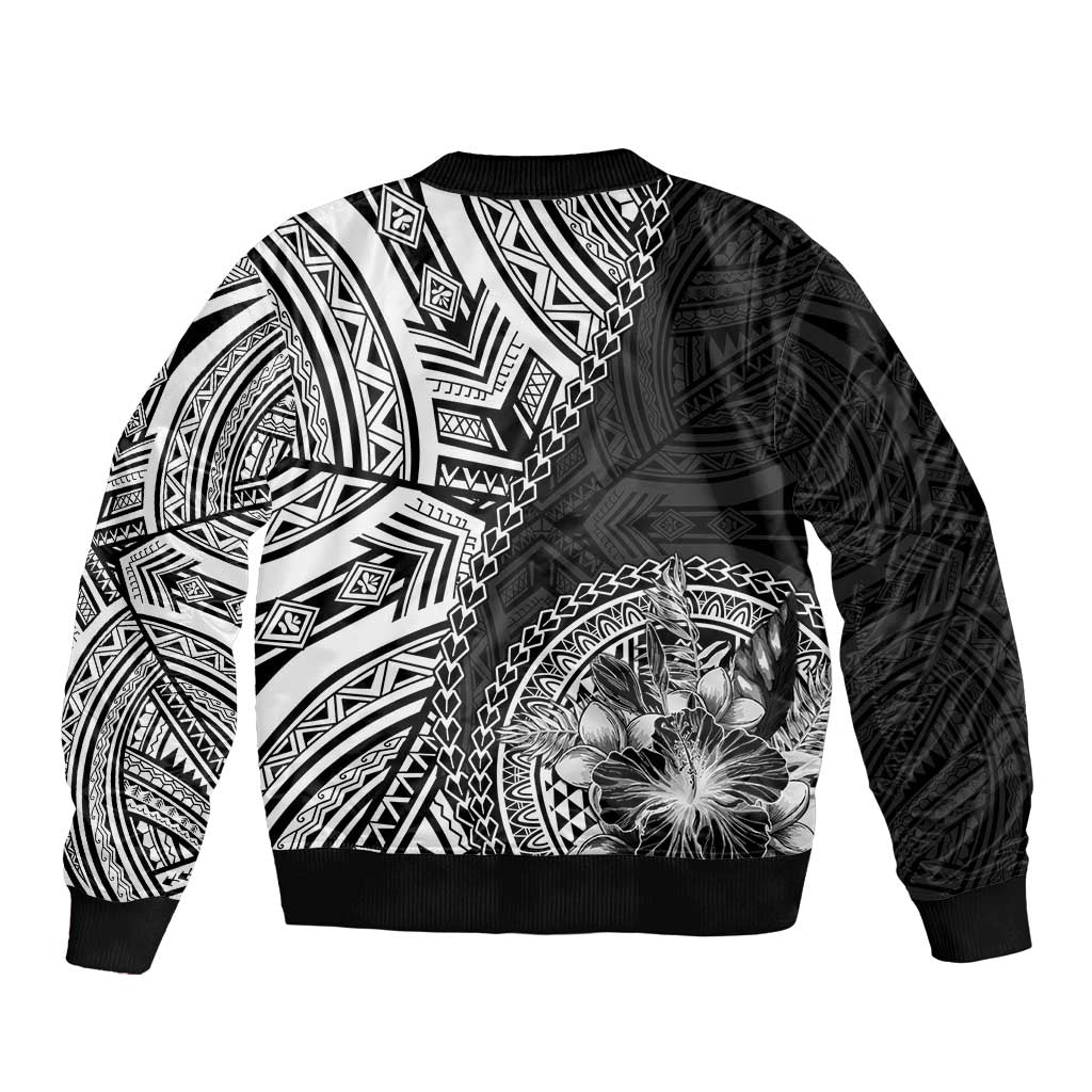 Hibiscus With Black Austronesian Tattoo Pattern Sleeve Zip Bomber Jacket LT05 - Polynesian Pride
