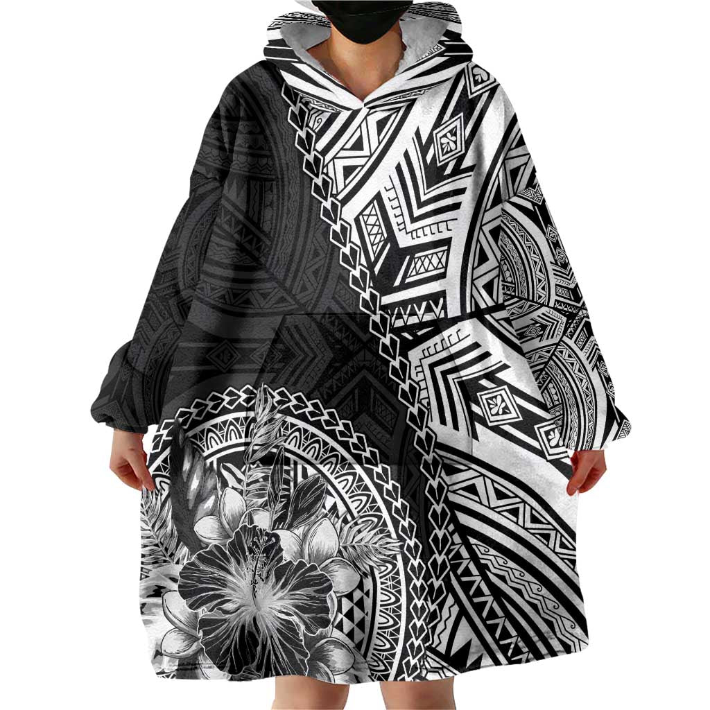 Hibiscus With Black Austronesian Tattoo Pattern Wearable Blanket Hoodie - Polynesian Pride