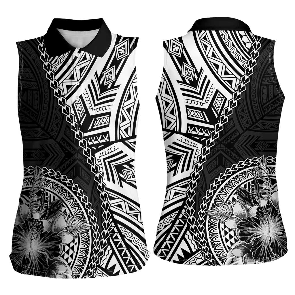 Hibiscus With Black Austronesian Tattoo Pattern Women Sleeveless Polo Shirt LT05 - Polynesian Pride