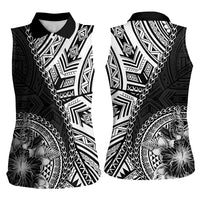 Hibiscus With Black Austronesian Tattoo Pattern Women Sleeveless Polo Shirt LT05 - Polynesian Pride