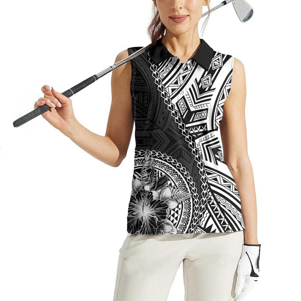 Hibiscus With Black Austronesian Tattoo Pattern Women Sleeveless Polo Shirt LT05 - Polynesian Pride