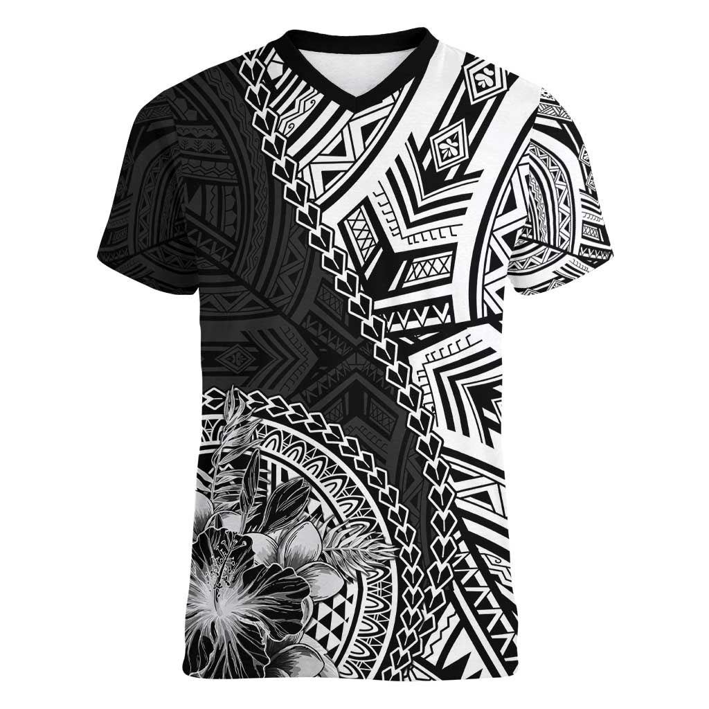 Hibiscus With Black Austronesian Tattoo Pattern Women V-Neck T-Shirt LT05 Female Black - Polynesian Pride