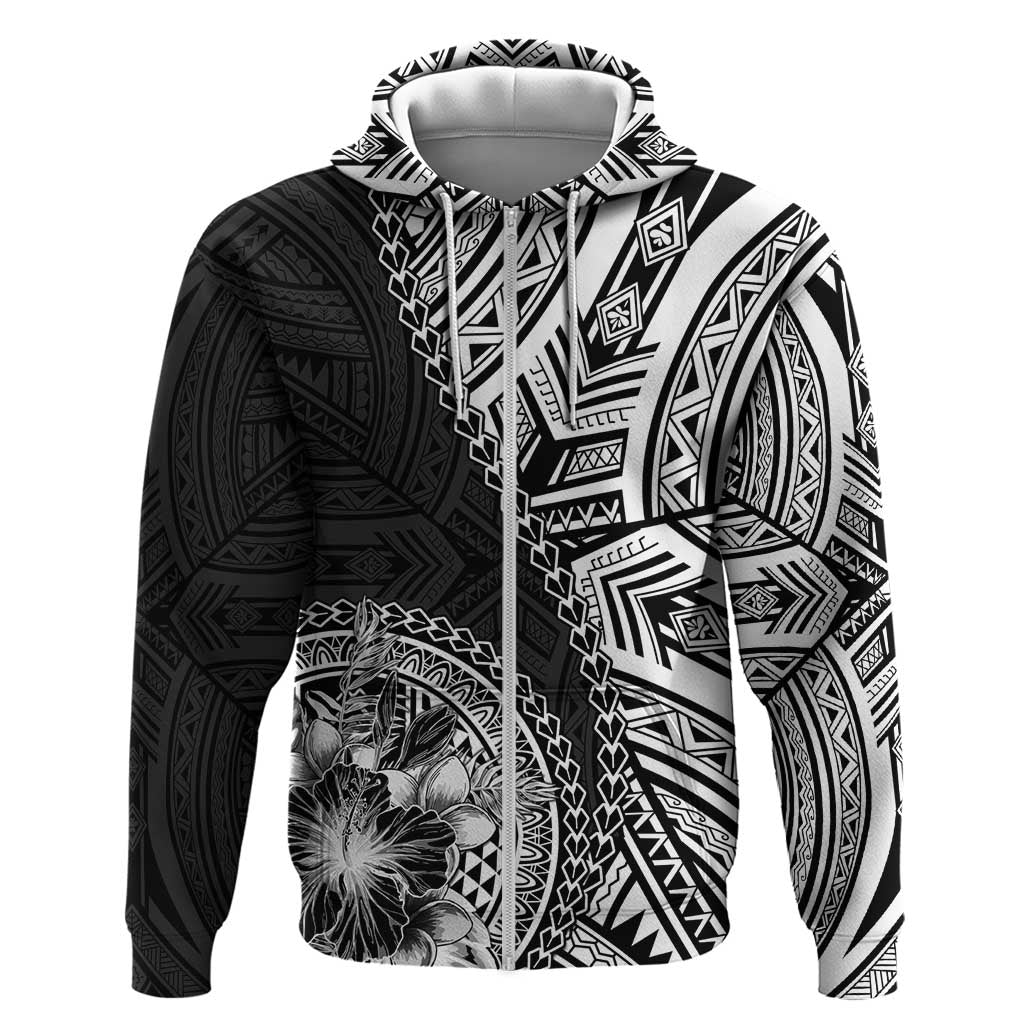 Hibiscus With Black Austronesian Tattoo Pattern Zip Hoodie - Polynesian Pride