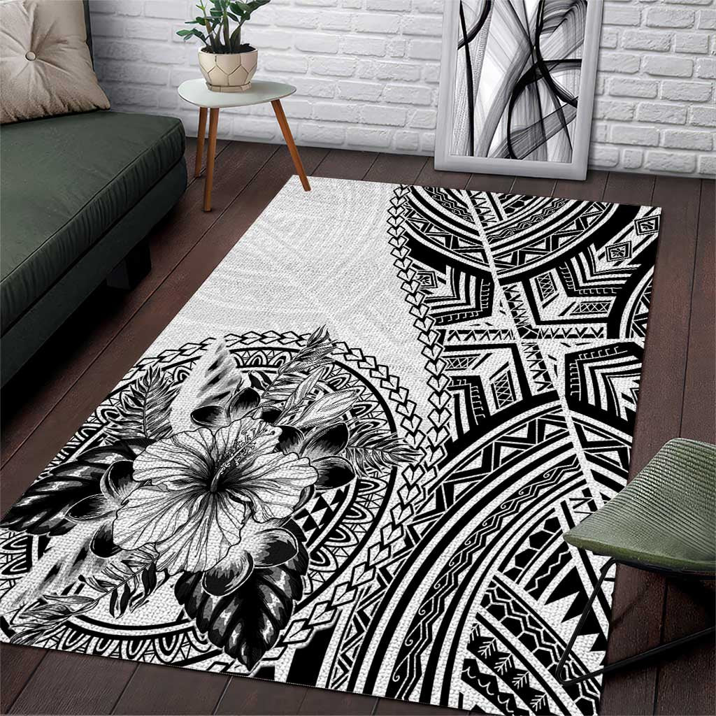 Hibiscus With White Austronesian Tattoo Pattern Area Rug LT05 White - Polynesian Pride