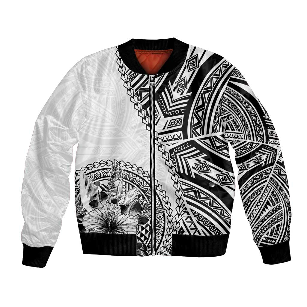Hibiscus With White Austronesian Tattoo Pattern Bomber Jacket LT05 Unisex White - Polynesian Pride