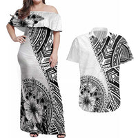 Hibiscus With White Austronesian Tattoo Pattern Couples Matching Off Shoulder Maxi Dress and Hawaiian Shirt LT05 White - Polynesian Pride