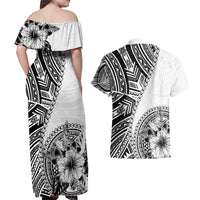 Hibiscus With White Austronesian Tattoo Pattern Couples Matching Off Shoulder Maxi Dress and Hawaiian Shirt LT05 - Polynesian Pride