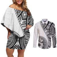 Hibiscus With White Austronesian Tattoo Pattern Couples Matching Off Shoulder Short Dress and Long Sleeve Button Shirt - Polynesian Pride