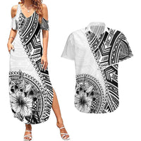Hibiscus With White Austronesian Tattoo Pattern Couples Matching Summer Maxi Dress and Hawaiian Shirt LT05 White - Polynesian Pride