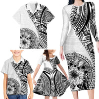 Hibiscus With White Austronesian Tattoo Pattern Family Matching Long Sleeve Bodycon Dress and Hawaiian Shirt LT05 - Polynesian Pride