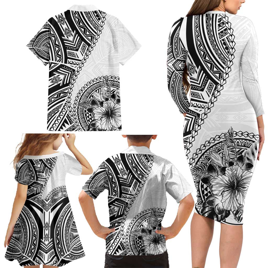 Hibiscus With White Austronesian Tattoo Pattern Family Matching Long Sleeve Bodycon Dress and Hawaiian Shirt LT05 - Polynesian Pride