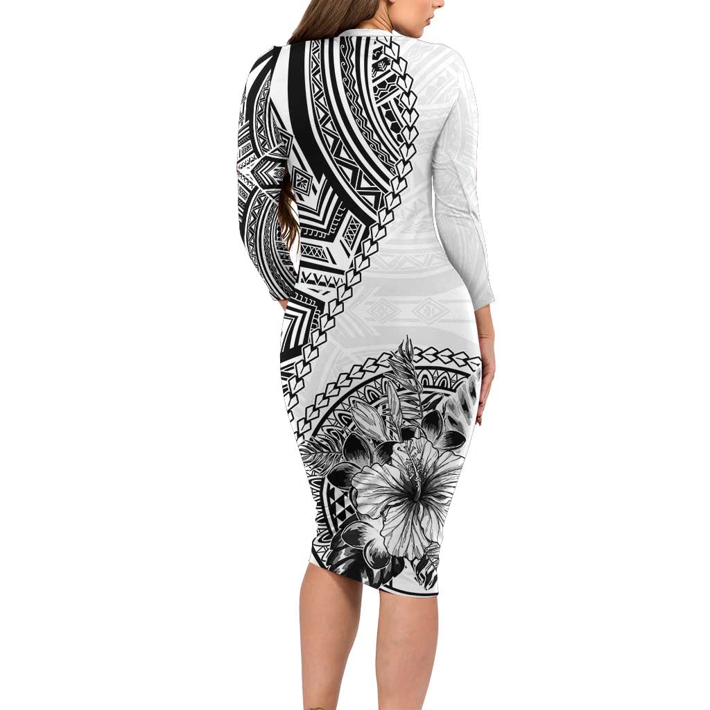 Hibiscus With White Austronesian Tattoo Pattern Family Matching Long Sleeve Bodycon Dress and Hawaiian Shirt LT05 - Polynesian Pride