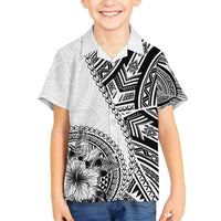 Hibiscus With White Austronesian Tattoo Pattern Family Matching Long Sleeve Bodycon Dress and Hawaiian Shirt LT05 Son's Shirt White - Polynesian Pride