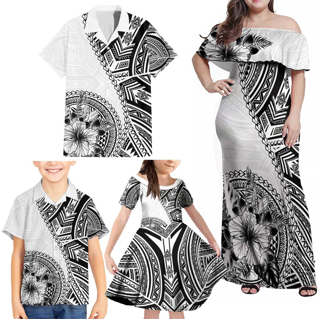 Hibiscus With White Austronesian Tattoo Pattern Family Matching Off Shoulder Maxi Dress and Hawaiian Shirt - Polynesian Pride