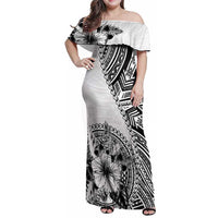 Hibiscus With White Austronesian Tattoo Pattern Family Matching Off Shoulder Maxi Dress and Hawaiian Shirt - Polynesian Pride