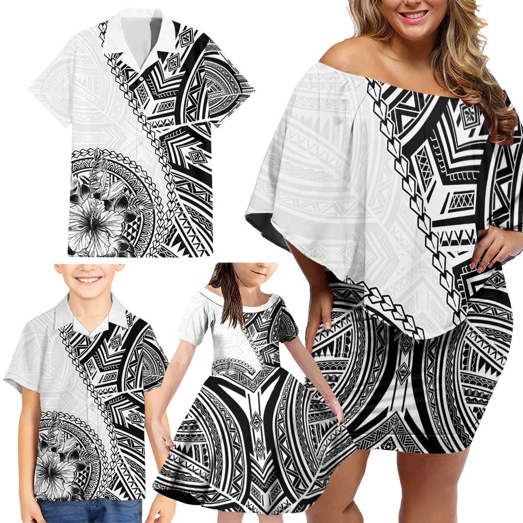 Hibiscus With White Austronesian Tattoo Pattern Family Matching Off Shoulder Short Dress and Hawaiian Shirt - Polynesian Pride