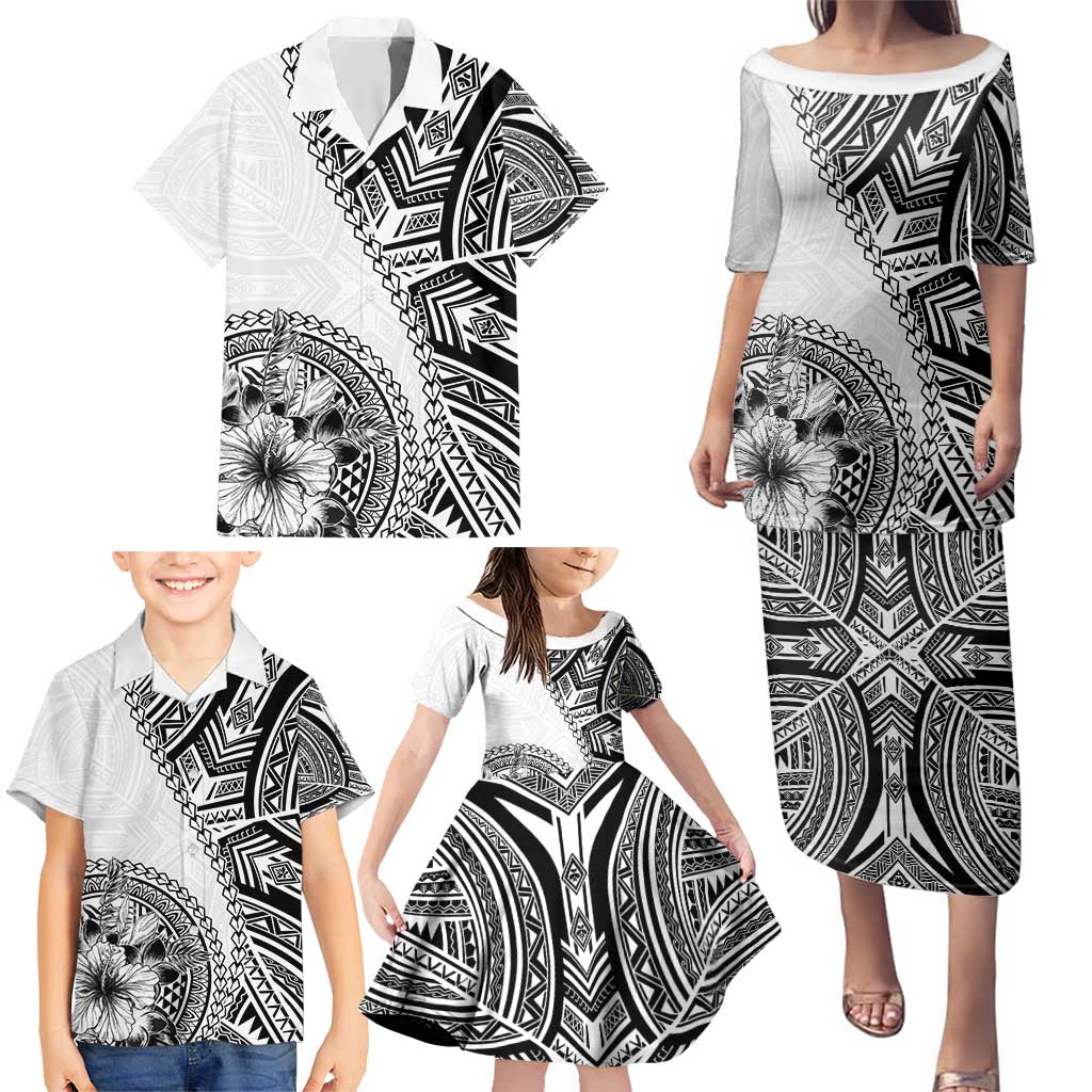 Hibiscus With White Austronesian Tattoo Pattern Family Matching Puletasi and Hawaiian Shirt LT05 - Polynesian Pride
