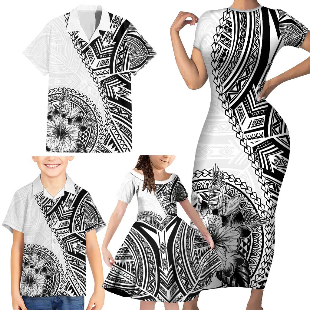 Hibiscus With White Austronesian Tattoo Pattern Family Matching Short Sleeve Bodycon Dress and Hawaiian Shirt LT05 - Polynesian Pride