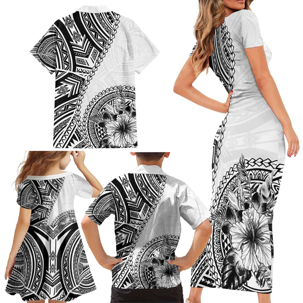 Hibiscus With White Austronesian Tattoo Pattern Family Matching Short Sleeve Bodycon Dress and Hawaiian Shirt LT05 - Polynesian Pride