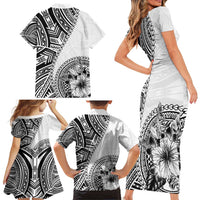 Hibiscus With White Austronesian Tattoo Pattern Family Matching Short Sleeve Bodycon Dress and Hawaiian Shirt LT05 - Polynesian Pride