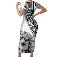 Hibiscus With White Austronesian Tattoo Pattern Family Matching Short Sleeve Bodycon Dress and Hawaiian Shirt LT05 Mom's Dress White - Polynesian Pride