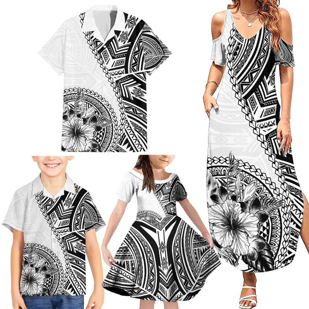 Hibiscus With White Austronesian Tattoo Pattern Family Matching Summer Maxi Dress and Hawaiian Shirt LT05 - Polynesian Pride