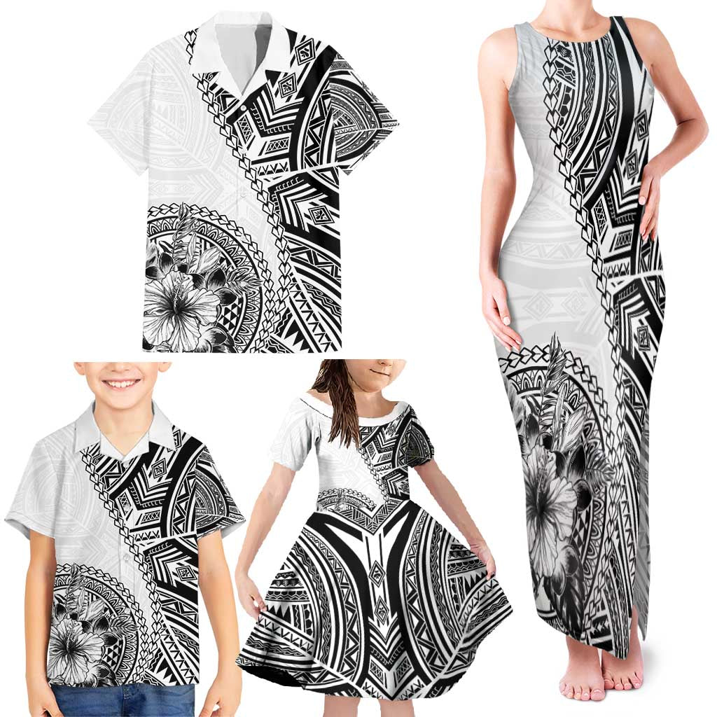 Hibiscus With White Austronesian Tattoo Pattern Family Matching Tank Maxi Dress and Hawaiian Shirt LT05 - Polynesian Pride