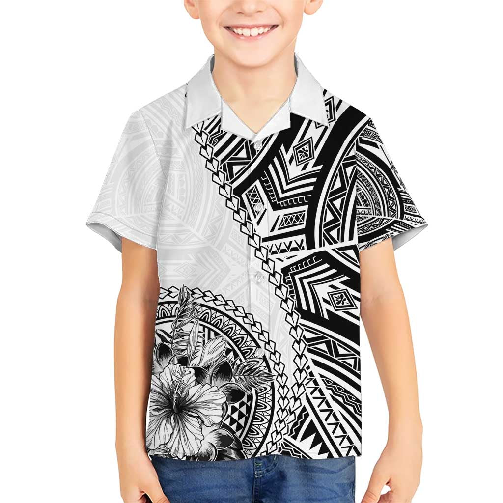 Hibiscus With White Austronesian Tattoo Pattern Kid Hawaiian Shirt LT05 Kid White - Polynesian Pride